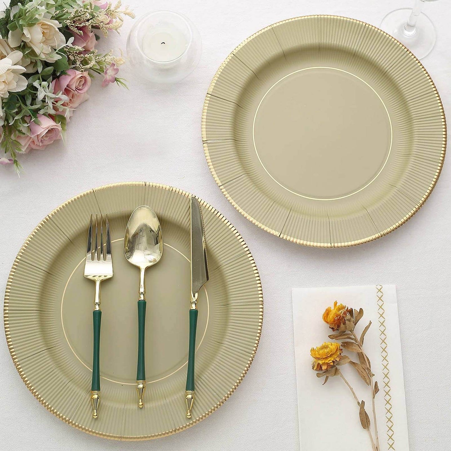 25-Pack Paper 10" Round Dinner Plates in Khaki Sunray Design with Gold Rim - Disposable Heavy Duty 350GSM Party Plates