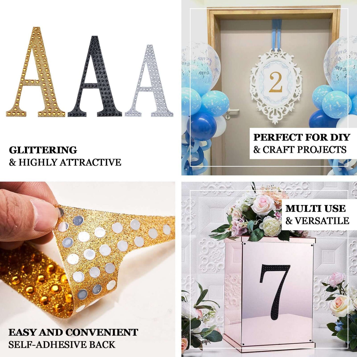 Decorative Rhinestone Alphabet "W" Letter Stickers, Glitter Adhesive Craft Letters Black DIY Sparkle Embellishments 6"