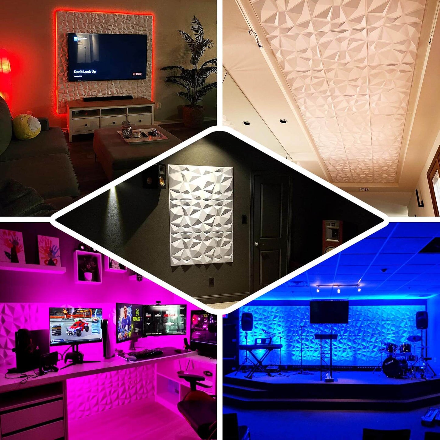 12 Pack 20"x20" Matte White 3D Texture PVC Diamond Design Wall Tiles, Stick On Waterproof Wall Panels