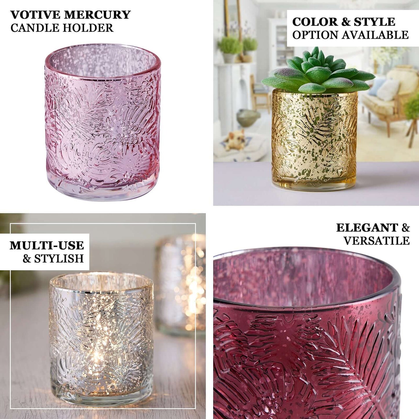 6-Pack Mercury Glass Candle Holders Burgundy Palm Leaf Design - Votive Tealight Holders for Events