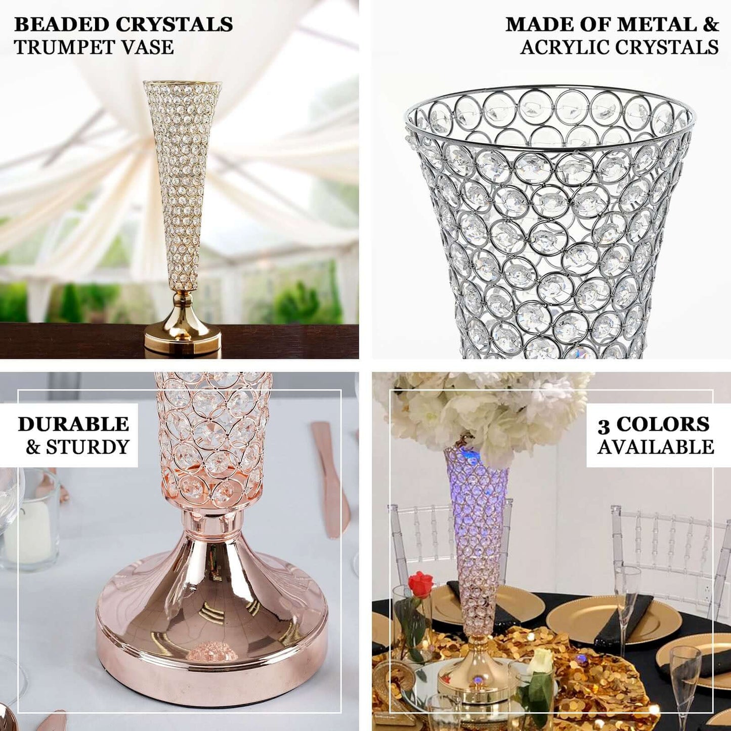 2-Pack Crystal Beaded Trumpet Vase Set Gold - Table Centerpiece for Grand Occasions 40"
