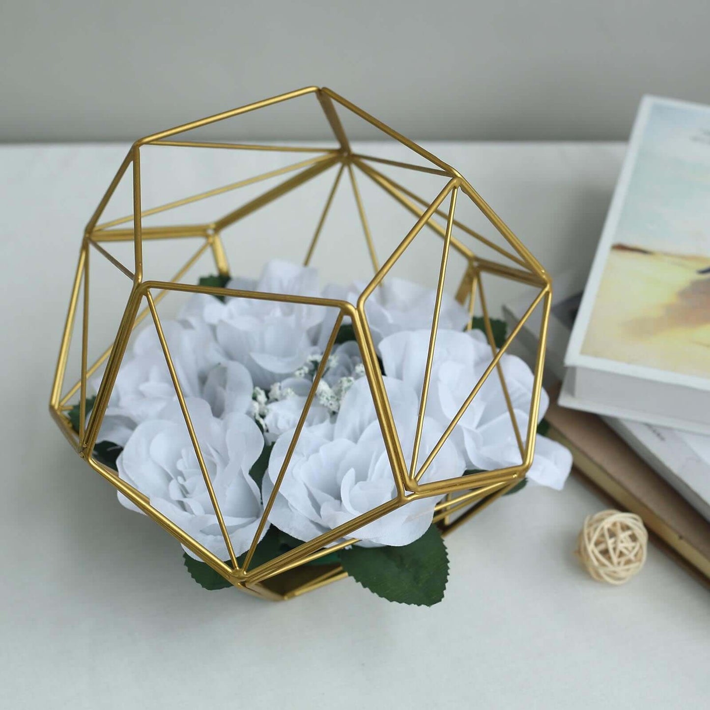 Tealight Candle Holder Gold Metal Pentagon Prism Geometric Open Frame - Flower Stand 7"