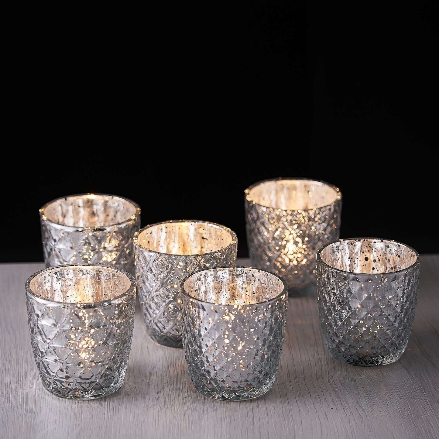 6-Pack Mercury Glass Votive Candle Holders Metallic Silver with Assorted Geometric Designs - Tealight Holders 3"