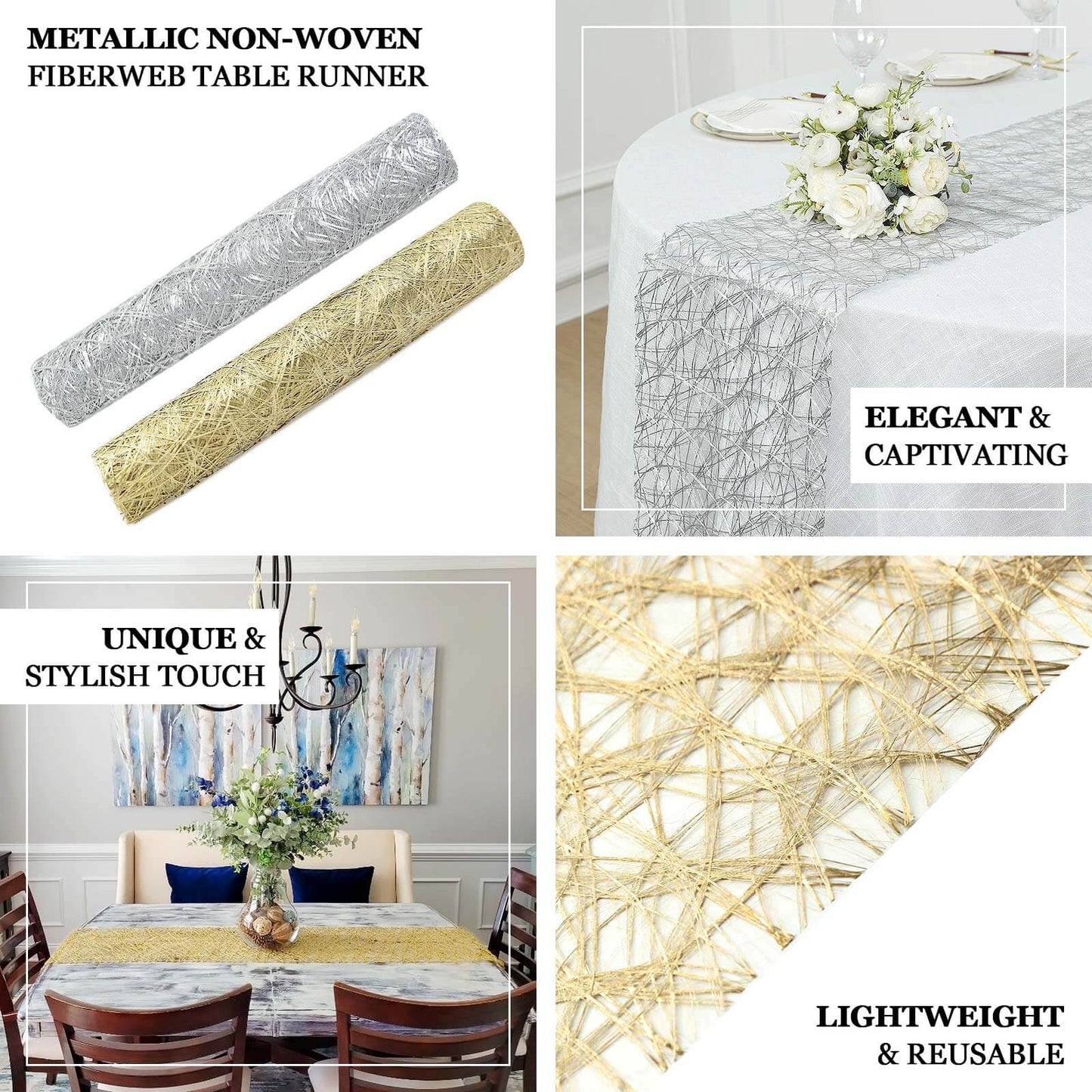 Polyester 12"x108" Table Runner Metallic Silver Disposable Non-Woven Fiber Roll - Stylish & Chic Table Decor