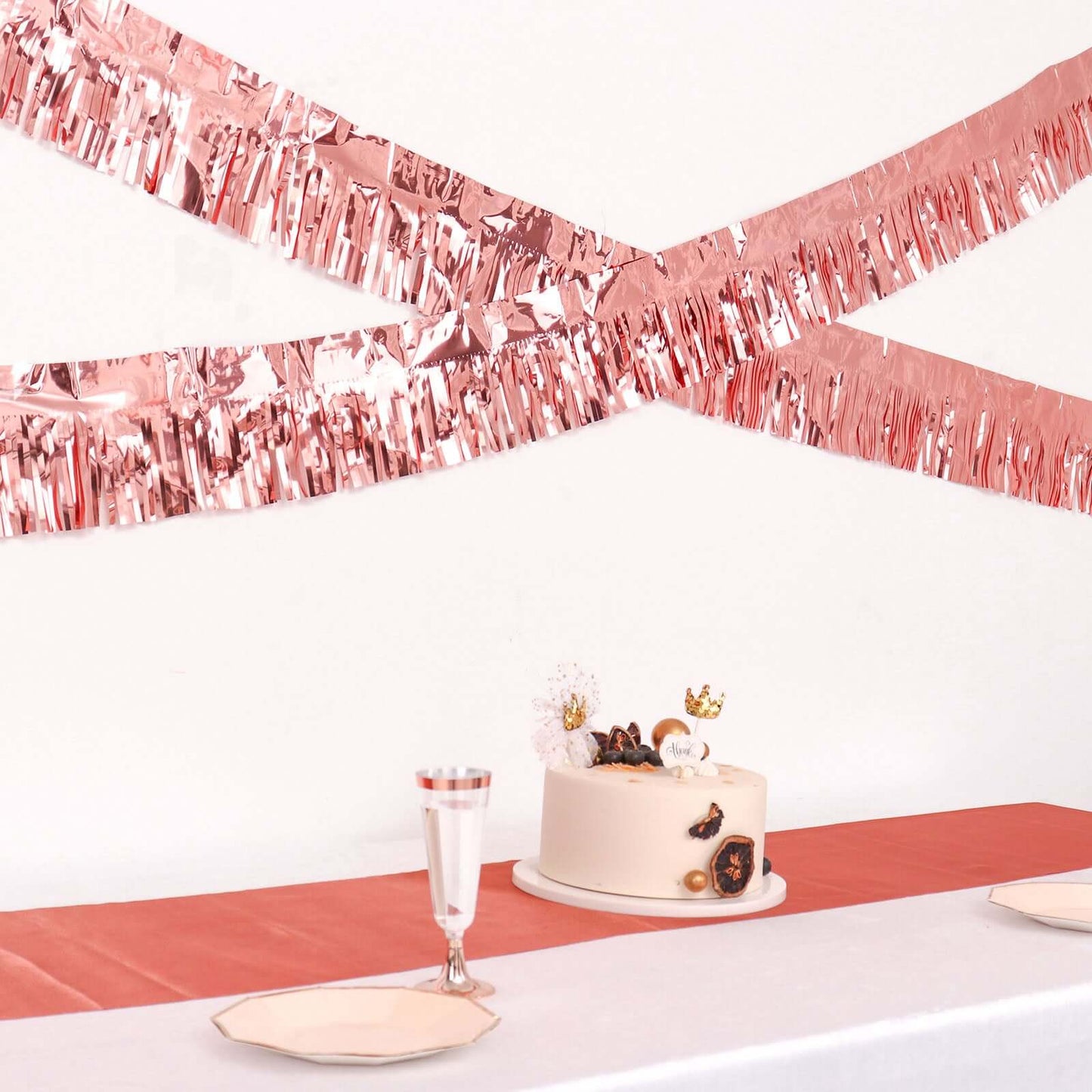 16ft Metallic Rose Gold Foil Tassel Fringe Backdrop Banner, Tinsel Garland Decor