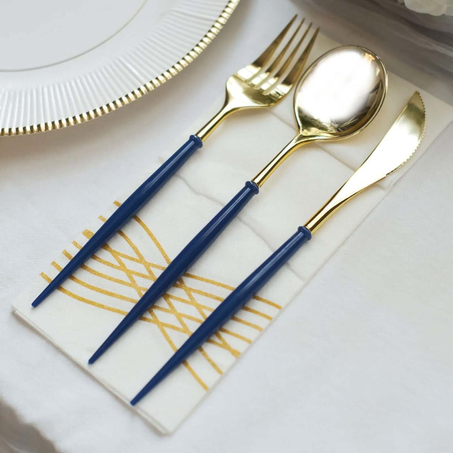 24-Pack Plastic Flatware Set in Metallic Gold with Royal Blue Handle - Heavy Duty Disposable Modern Silverware 8"