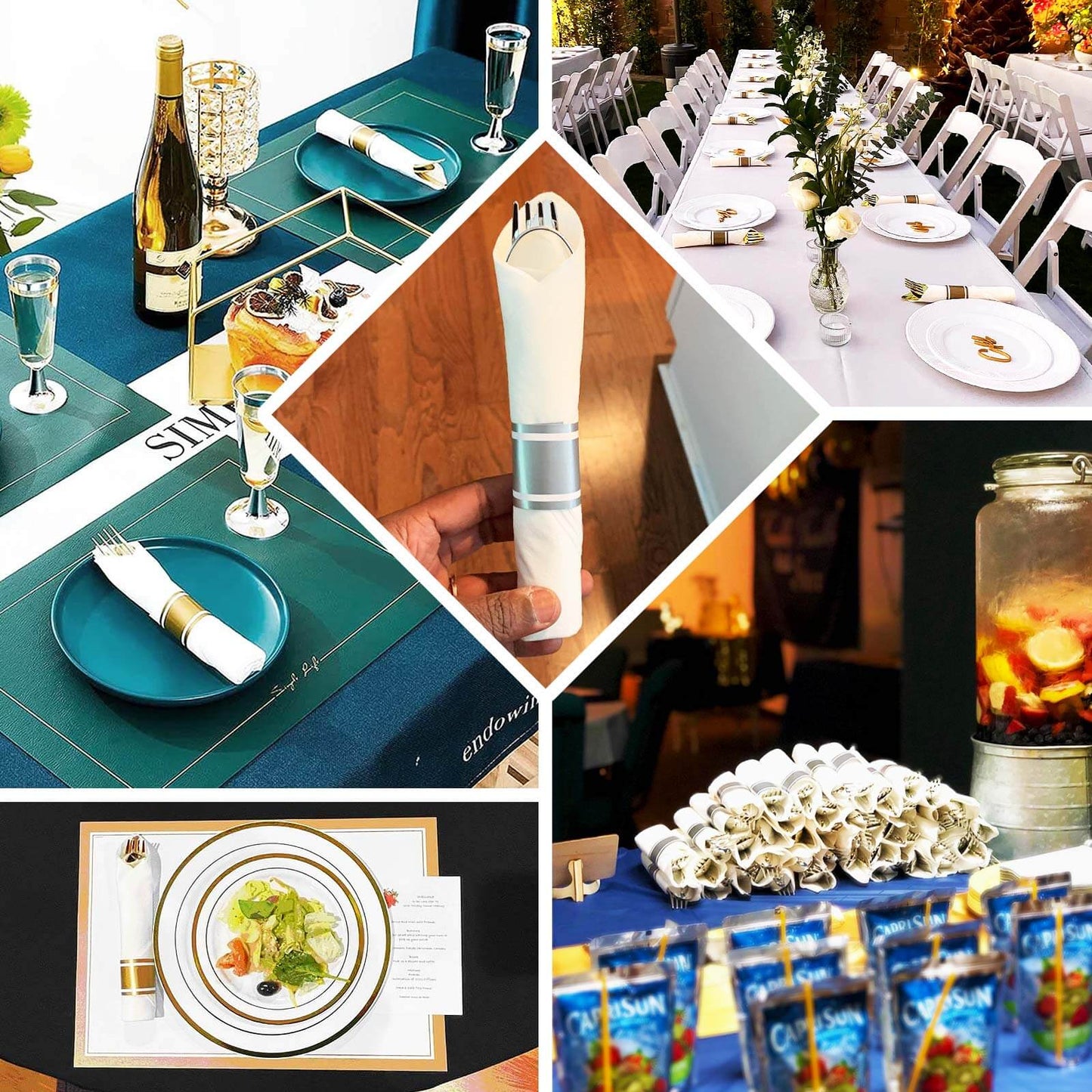 Set of 24 Gold Plastic Silverware with Pre-Rolled Black Paper Napkins - Disposable Wrapped Fork, Spoon, and Knife Set