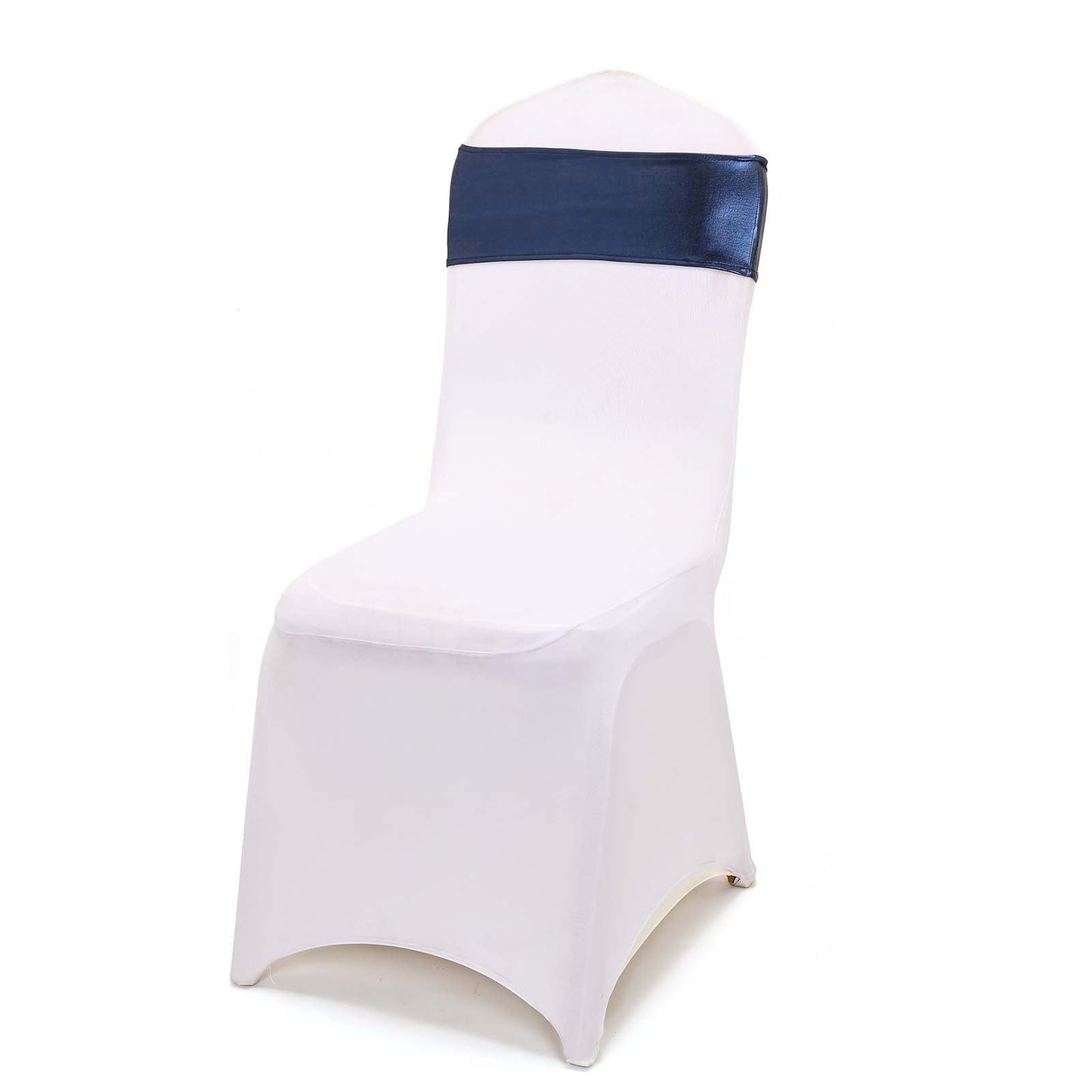 5 Pack Metallic Spandex Chair Sashes Navy Blue - Stretch Fit Chair Bands With Round Diamond Buckles