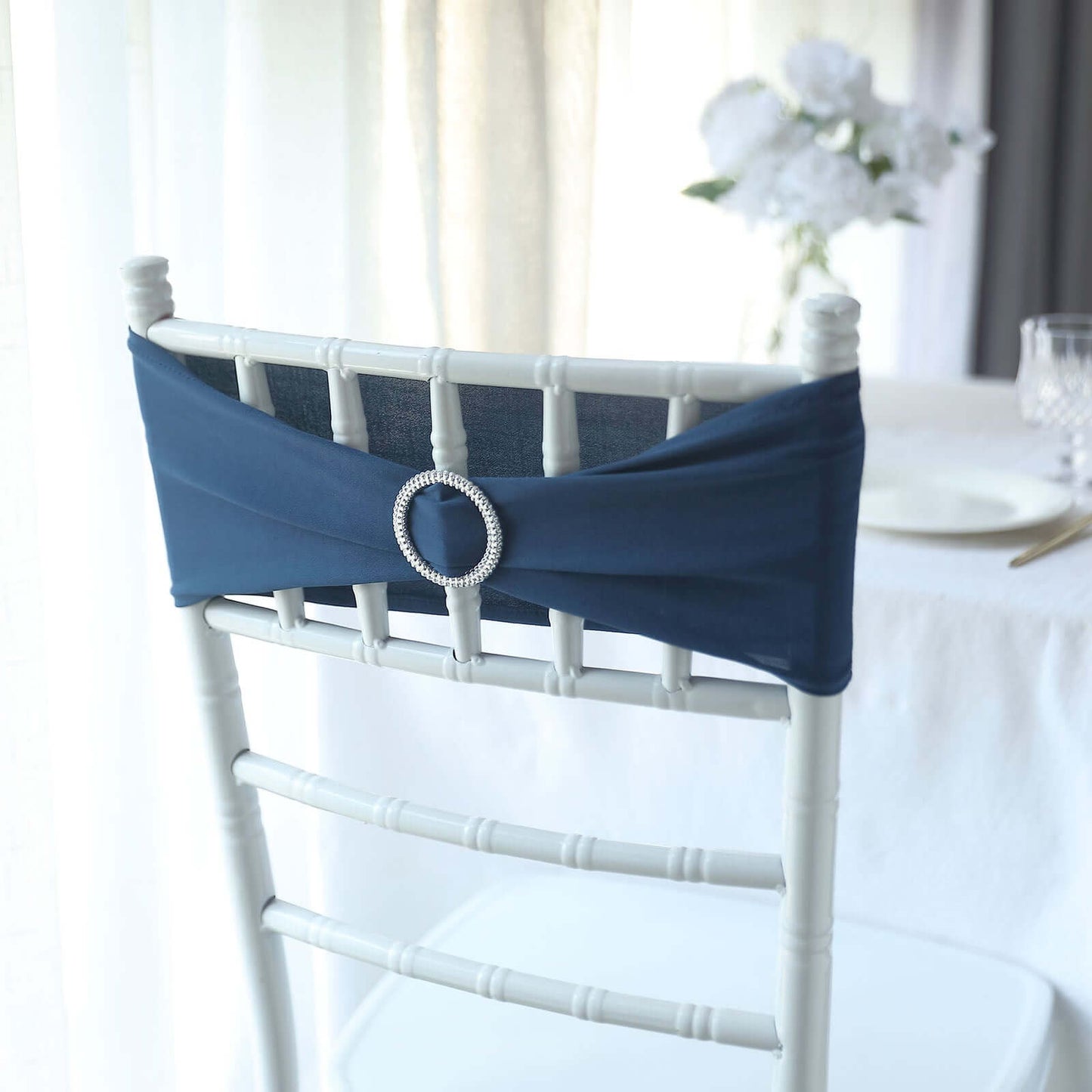 5 Pack Stretch Spandex Chair Sashes Navy Blue - Reusable Chair Bands with Silver Diamond Ring Slide Buckle 5"x14"