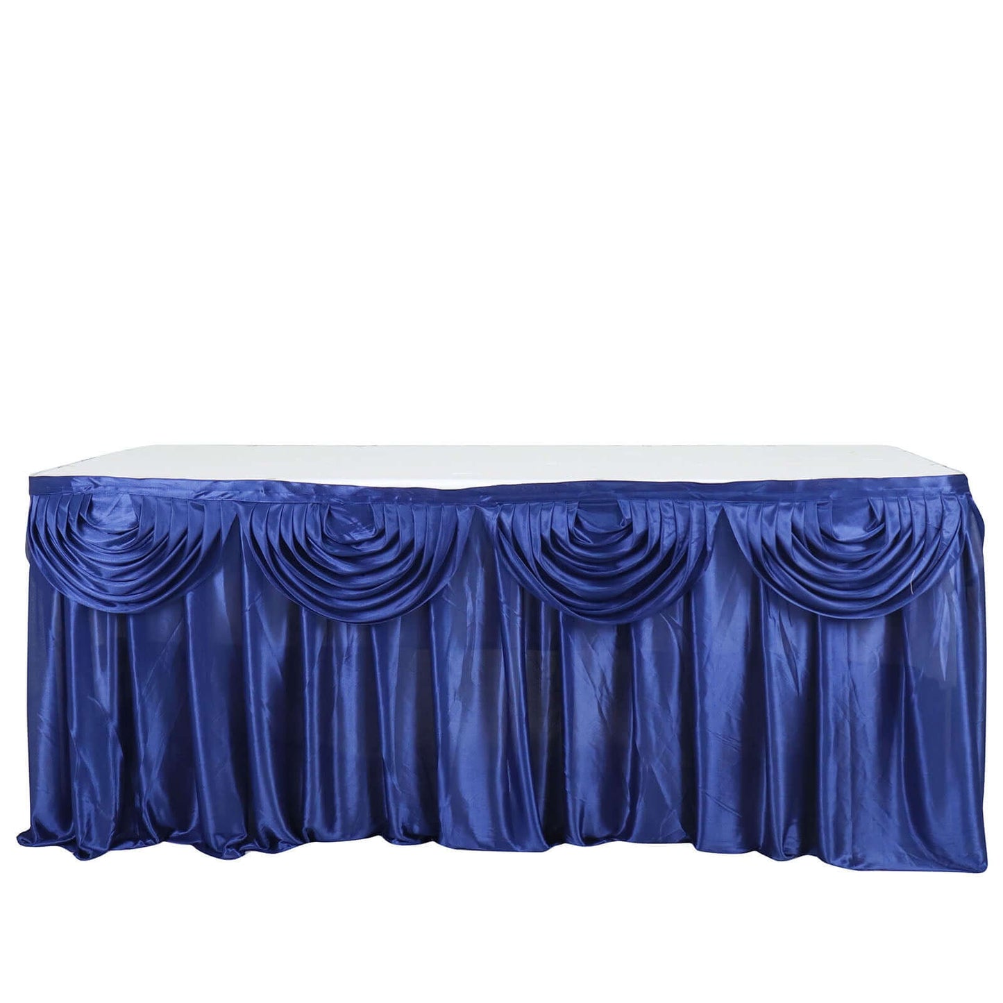 Satin 14ft Table Skirt Navy Blue - Pleated Double Drape Table Cover