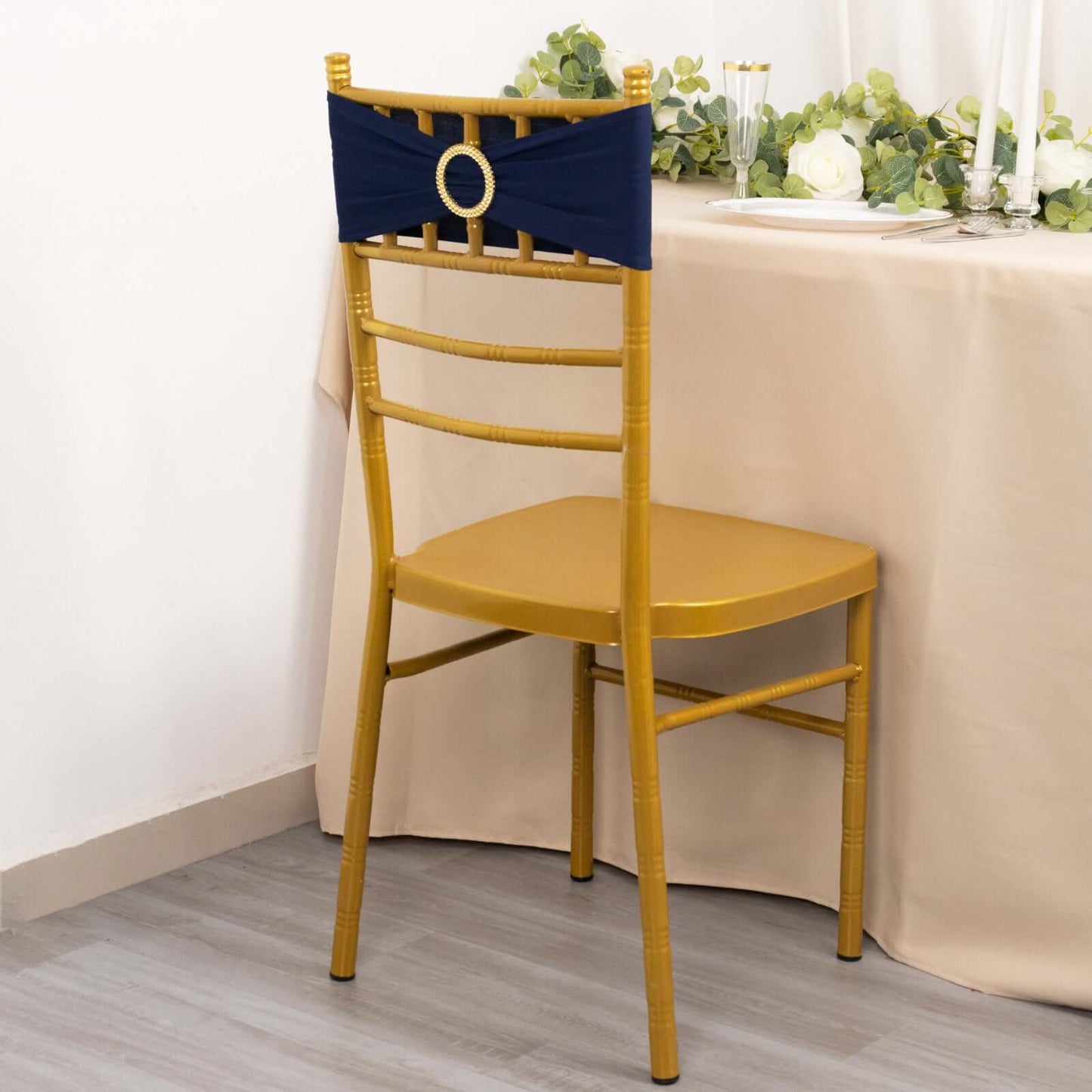 5 Pack Spandex Chair Sashes Navy Blue with Gold Rhinestone Buckles - Reusable Four-Way Stretch Sash Bands 5"x14"