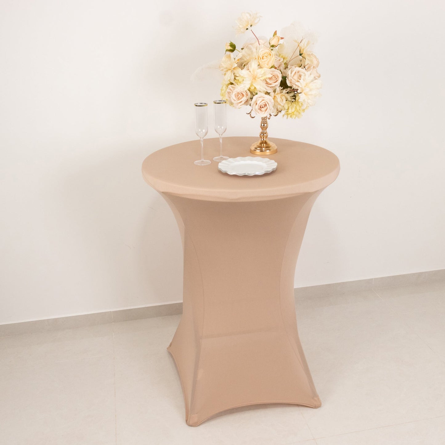 Spandex 30" Round Cocktail Table Cover Nude - Easy to Maintain Stretch Fitted Highboy Tablecloth