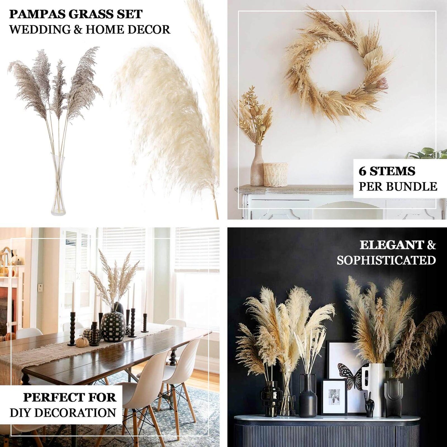 6 Stems Natural Dried Pampas Grass Decor Off White Tint - Versatile Plant Sprays for Boho Chic Vase Displays Backdrops & Event Styling 32"
