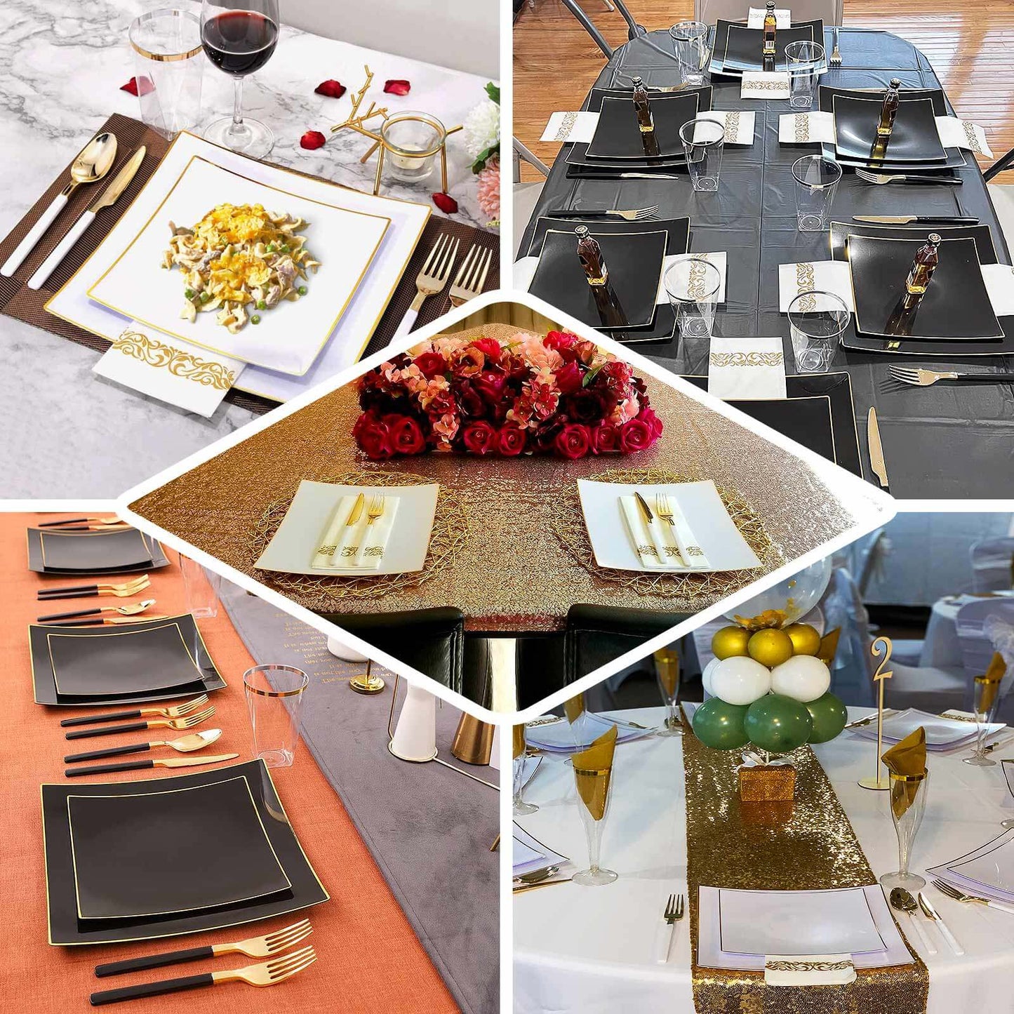 10-Pack Plastic 8" Square Dessert Plates in White Concave Style with Gold Rim - Modern Disposable Salad Appetizer Party Plates for Weddings & Special Events