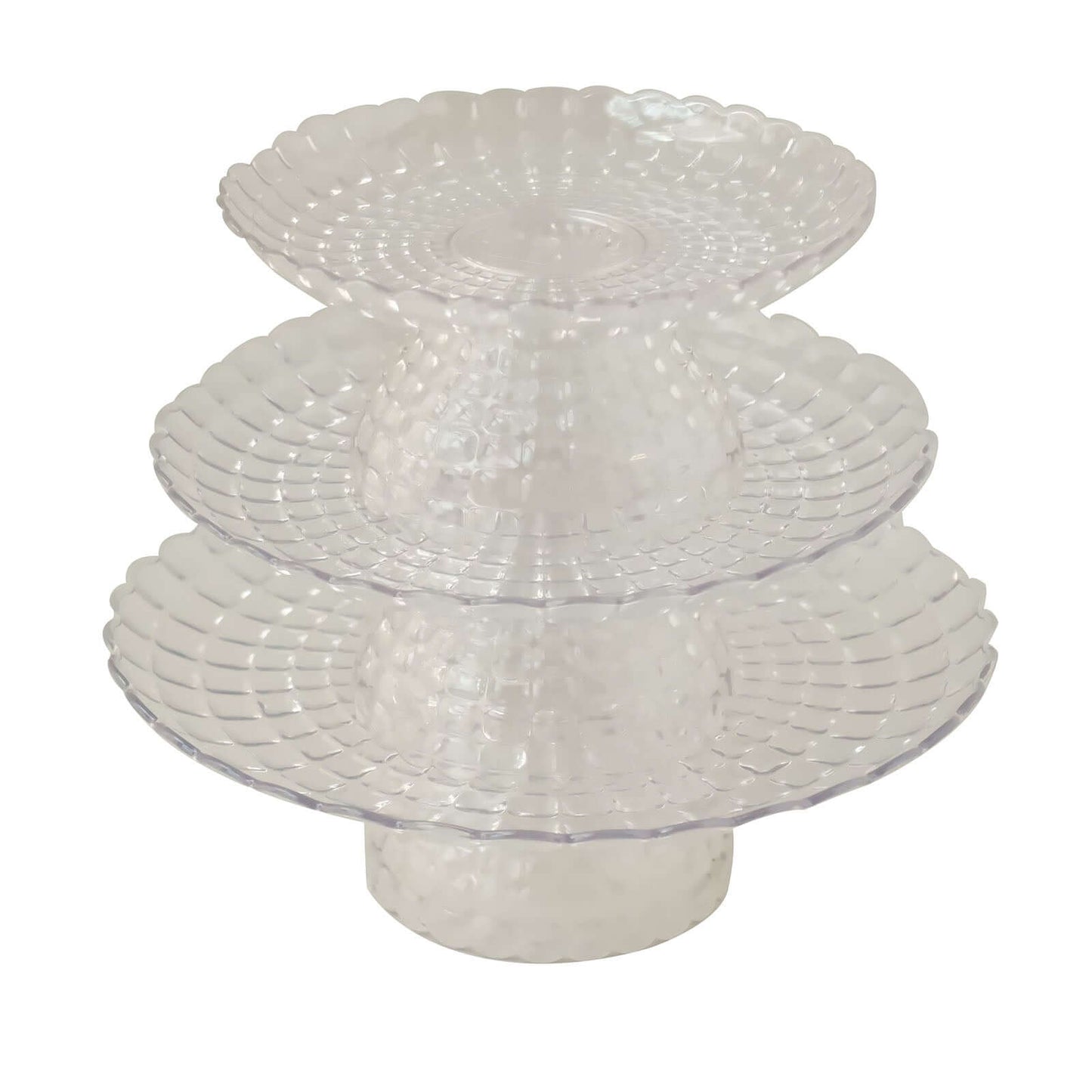 Set of 3 Plastic Cupcake Stands Clear Pressed Glass Pattern - Modern Stackable & Reusable Cake Dessert Pedestal Display Holders with Scalloped Edges 8", 10", 12"