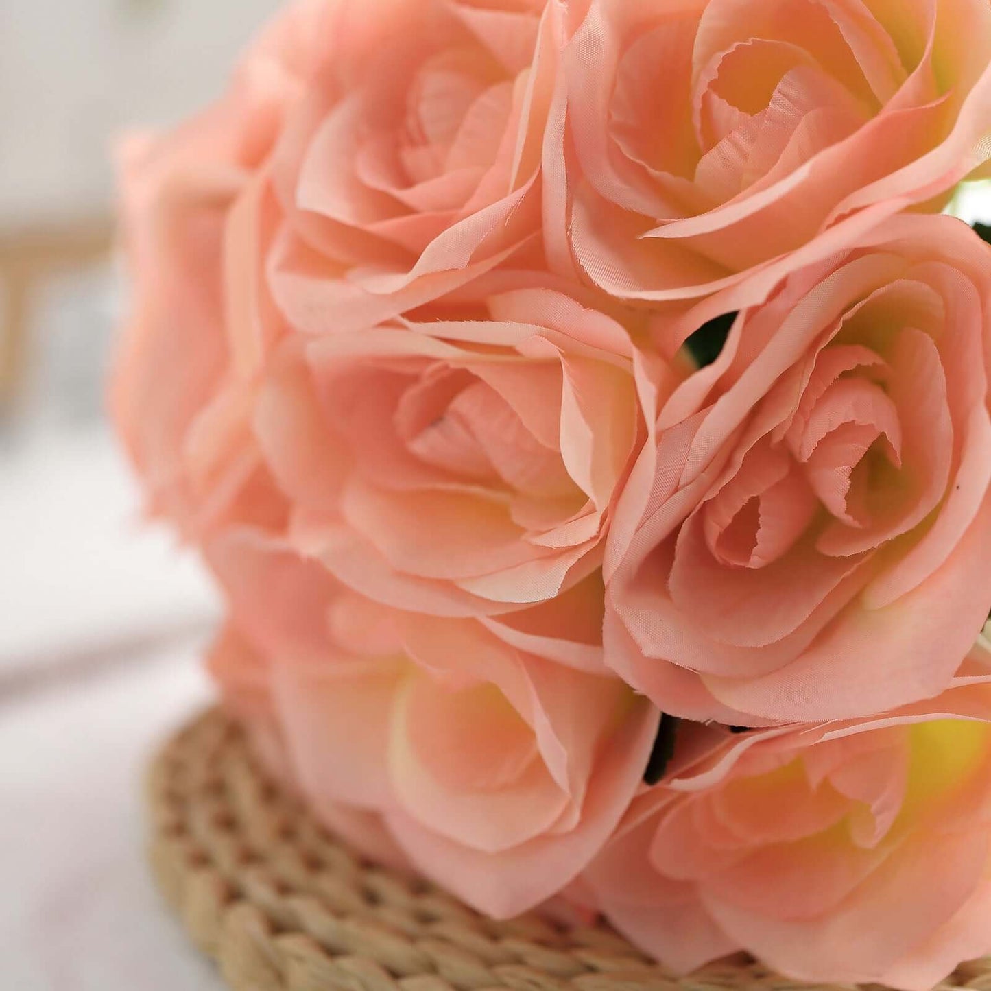 12" Peach Artificial Velvet-Like Fabric Rose Flower Bouquet Bush