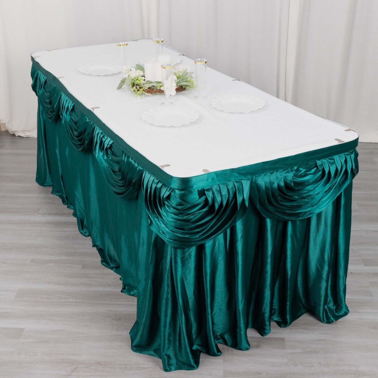 Satin 14ft Table Skirt Peacock Teal - Pleated Double Drape Table Cover