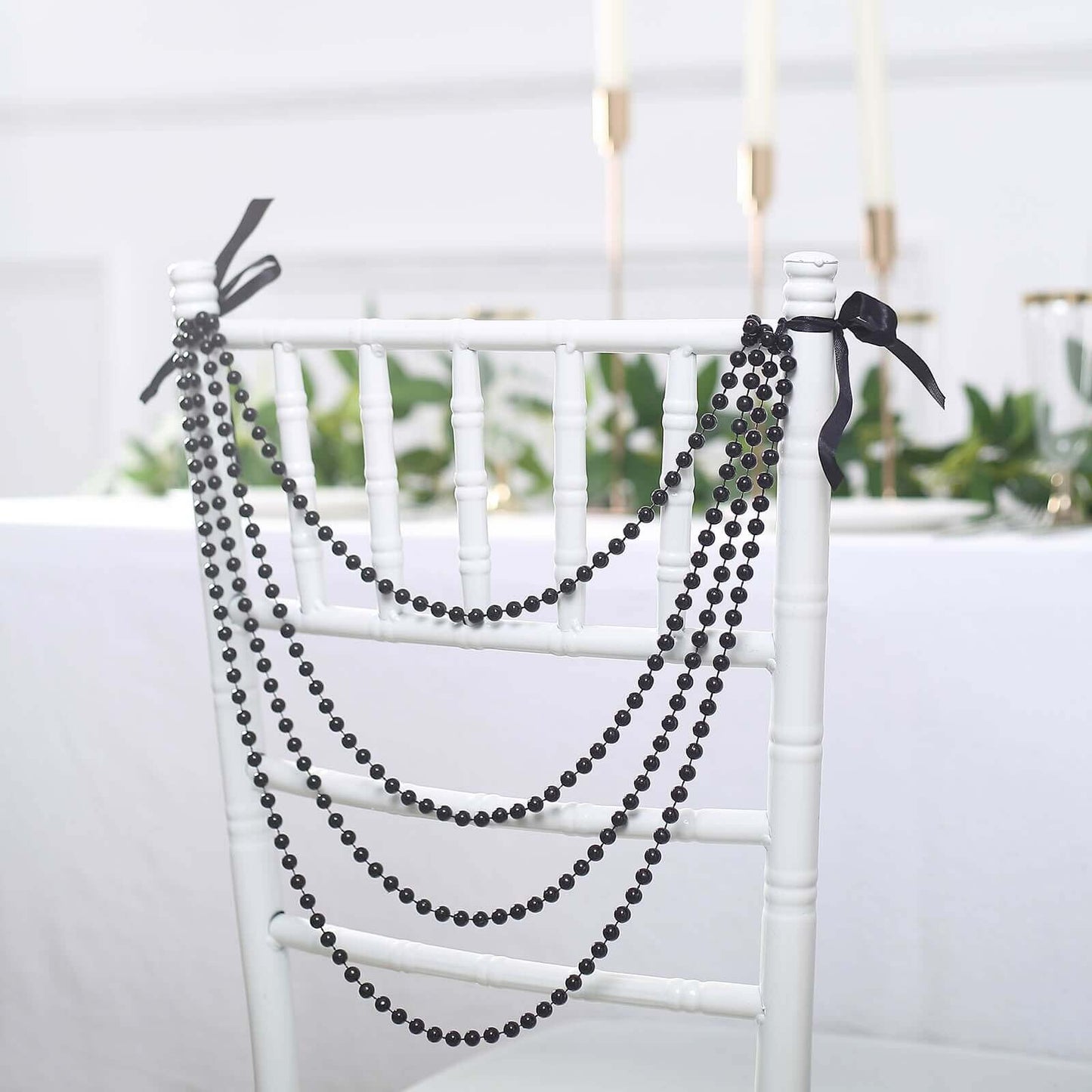 Faux Pearl Beaded 16" Chair Back Garland Sash Black Gatsby-Inspired Style - Pre-Tied Chic Wedding Decor for Chiavari Chairs