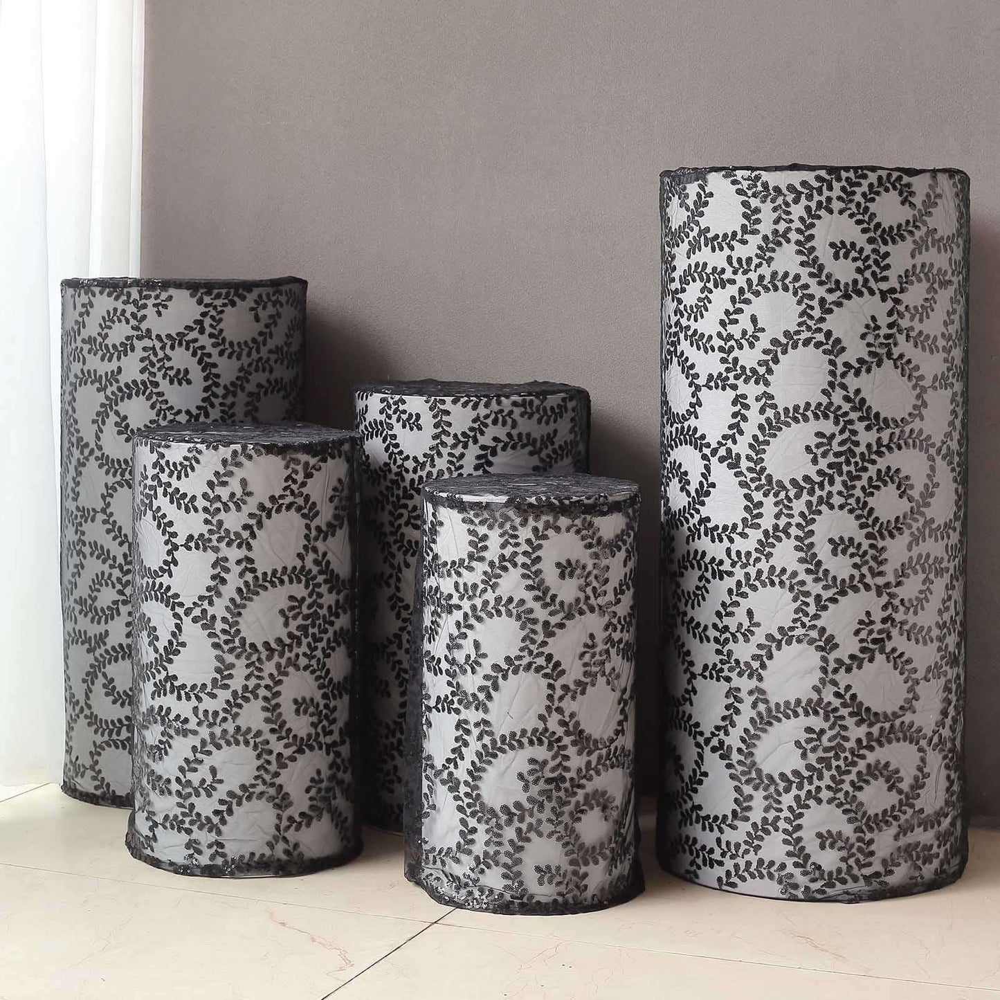Set of 5 Black Sequin Mesh Cylinder Pedestal Stand Covers with Leaf Vine Embroidery, Sparkly Sheer Tulle Pillar Prop Covers