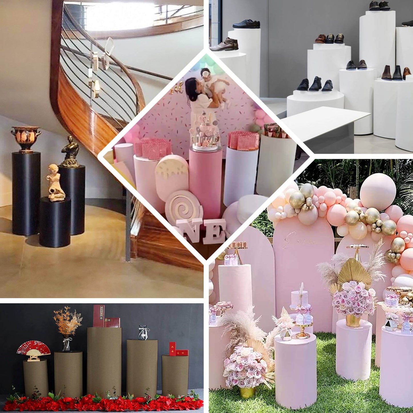 Set of 5 Taupe Spandex Cylinder Pedestal Stand Covers, Stretchable Pillar Prop Covers - 160 GSM