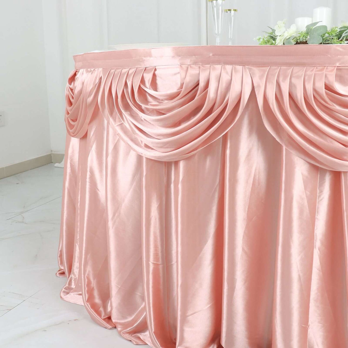 Satin 14ft Table Skirt Dusty Rose - Pleated Double Drape Table Cover