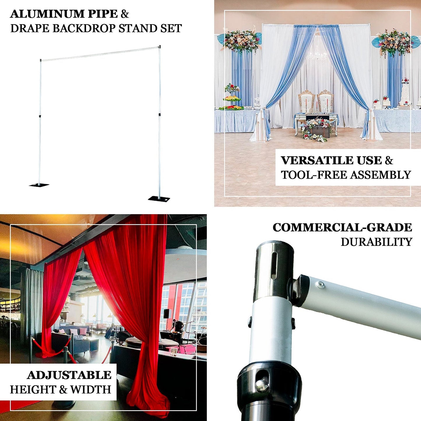 12ft Aluminum Adjustable Backdrop Stand with Heavy Steel Base Plate, Commercial Grade DIY Pipe and Drape Photography Background Frame