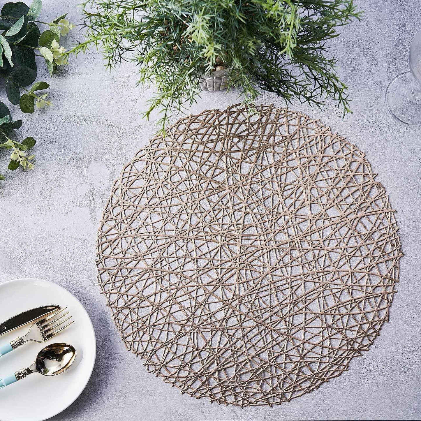 6-Pack Vinyl Placemats Champagne Woven Design - Durable Non-Slip Round Table Mats for Dining 15"