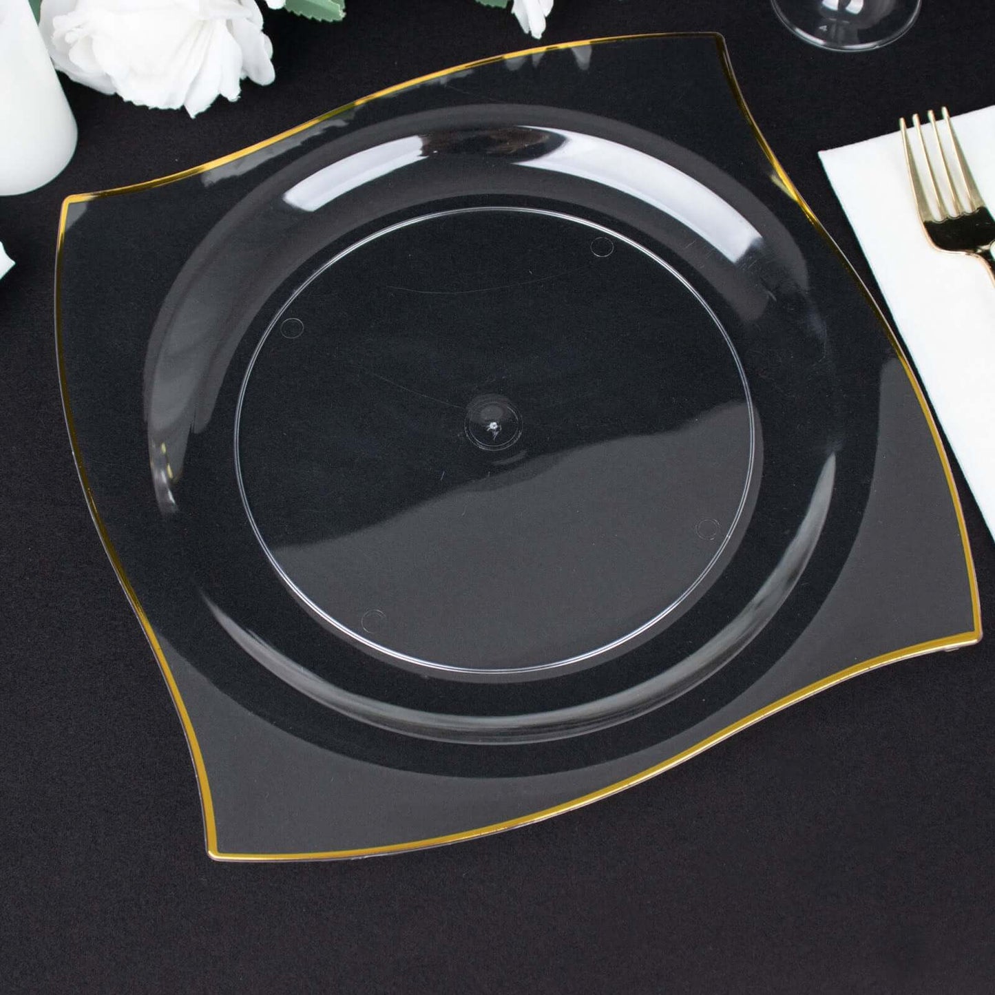 10-Pack Plastic 10" Square Dinner Plates in Clear with Gold Wavy Rim Modern - Disposable Party Plates