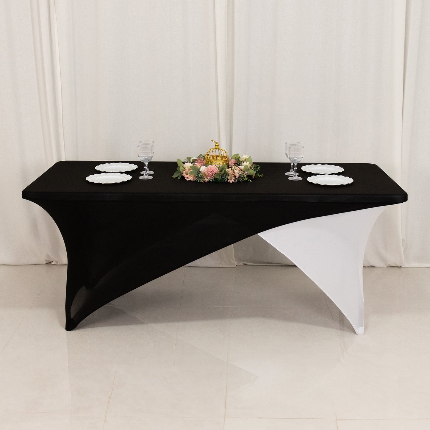 Stretch Spandex 72"x30" Rectangle Table Cover Black/White Cross Over Design - Versatile & Sleek Two-Piece Fitted Tablecloth with Elastic Foot Pockets