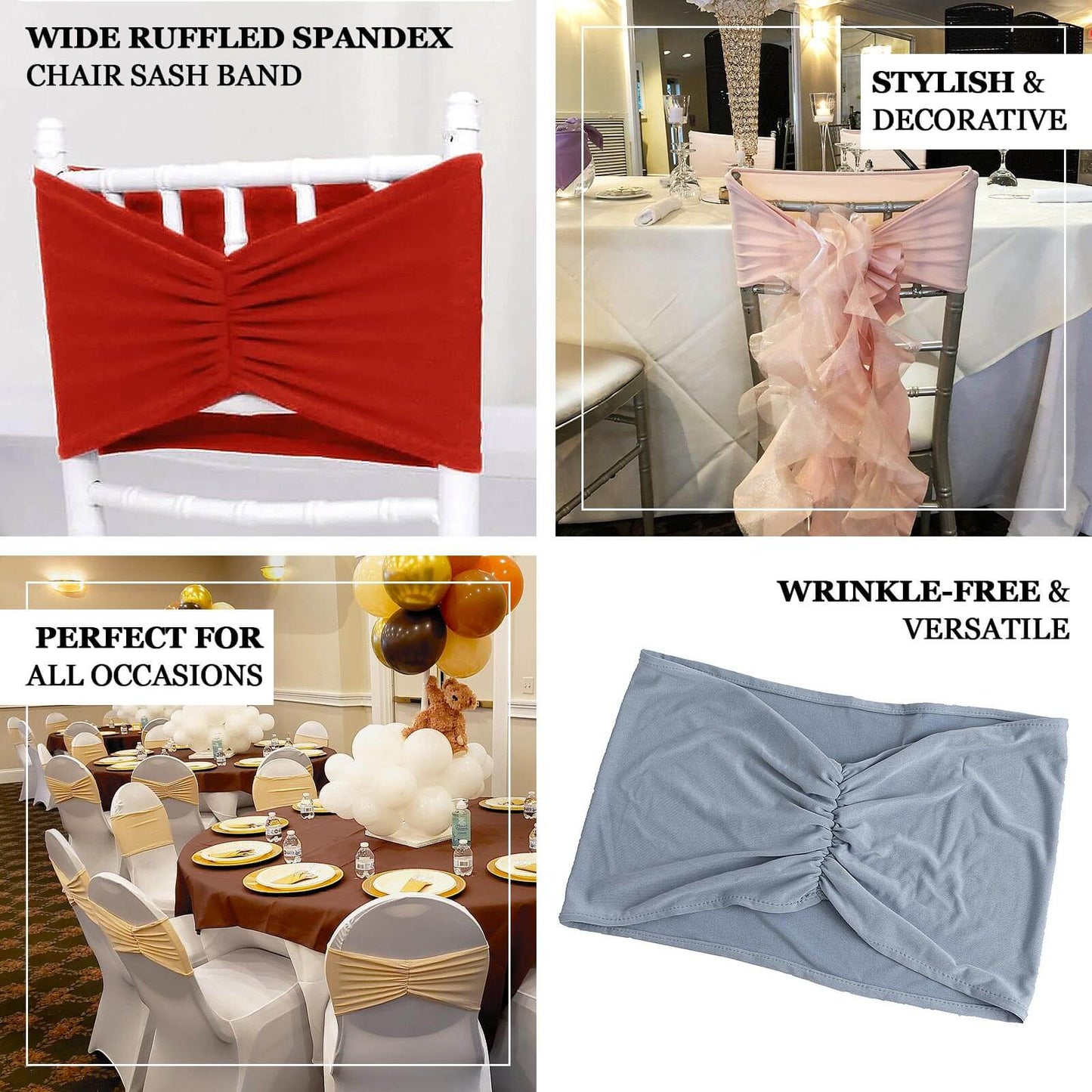 5 Pack Spandex Chair Sashes Red Ruffled Style - Wide Easy to Use Stretch Chair Bands 8"x13"