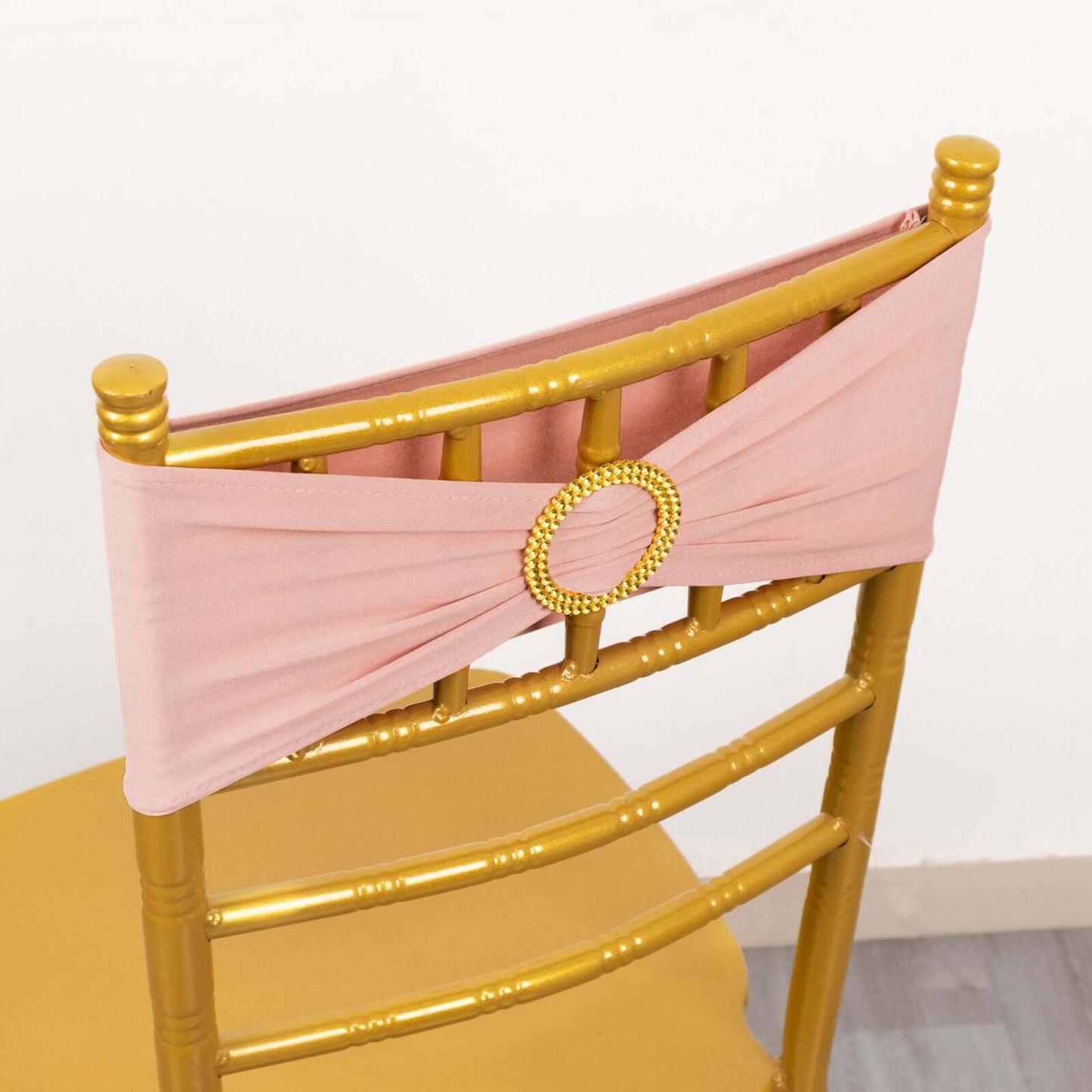 5 Pack Spandex Chair Sashes Dusty Rose with Gold Rhinestone Buckles - Reusable Four-Way Stretch Sash Bands 5"x14"