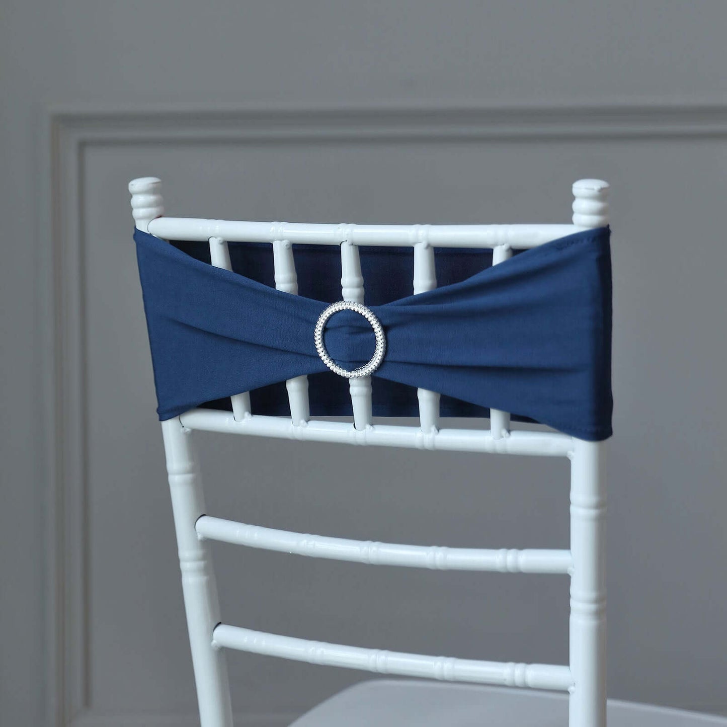 5 Pack Stretch Spandex Chair Sashes Navy Blue - Reusable Chair Bands with Silver Diamond Ring Slide Buckle 5"x14"