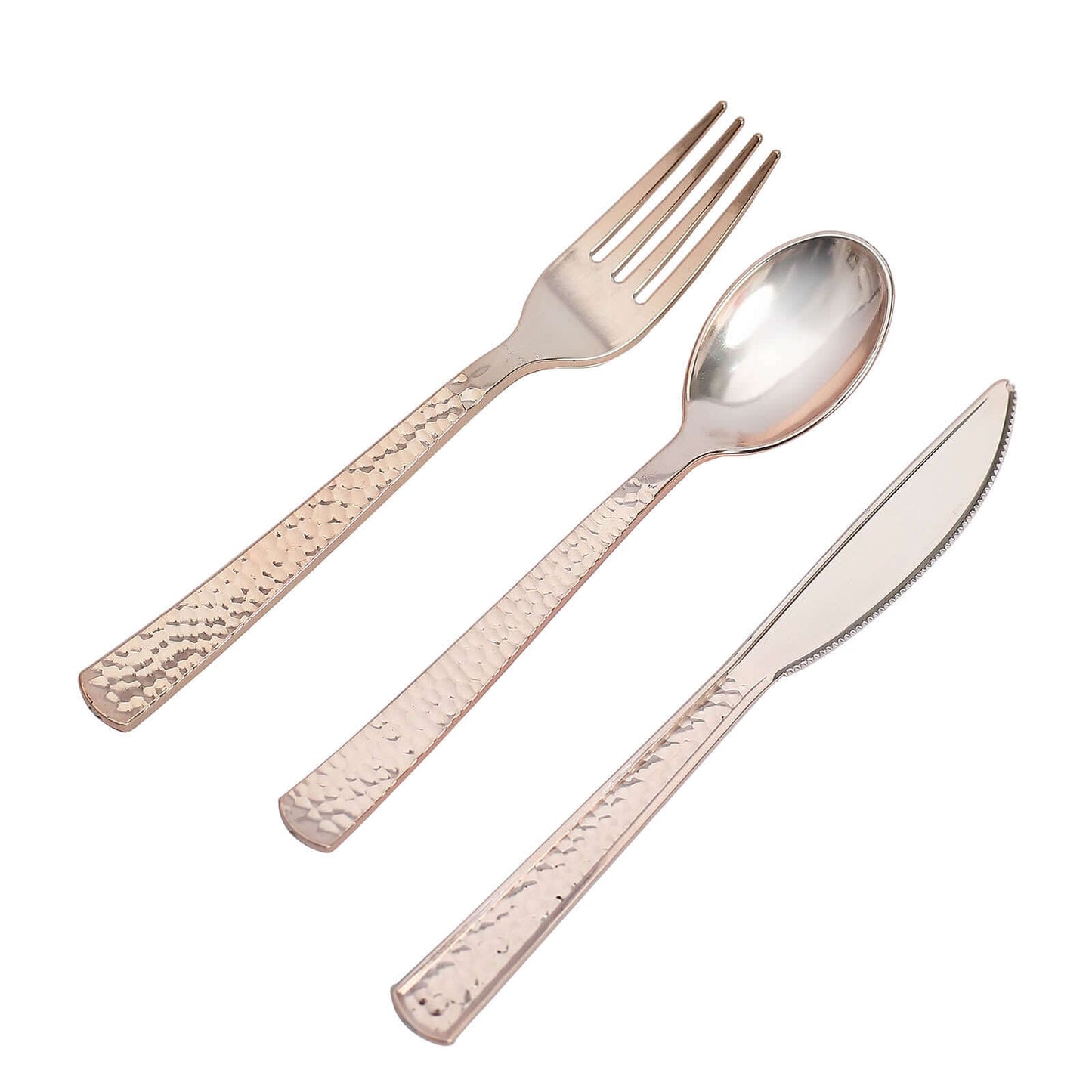 24-Pack Plastic Silverware Set with Hammered Design Rose Gold - Heavy Duty Disposable Utensils 7"