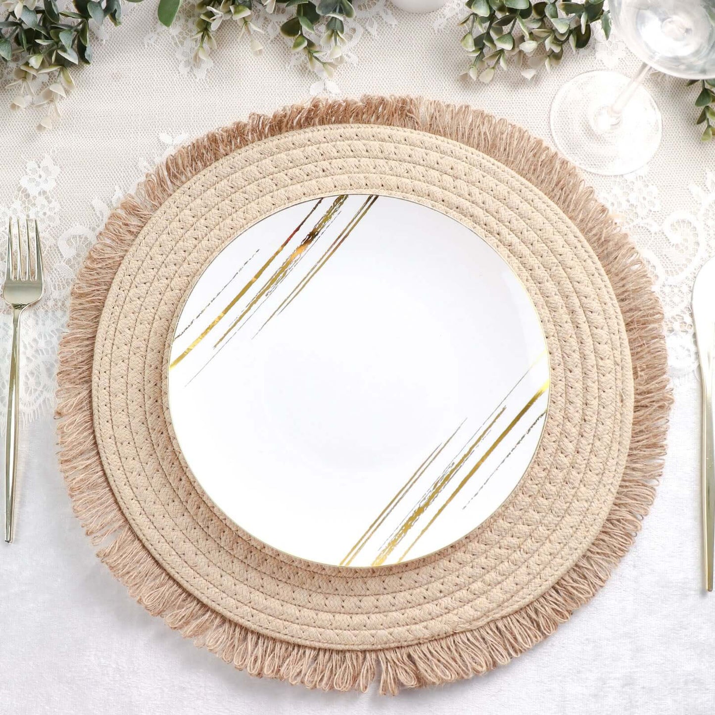 4-Pack Placemats Fringed Edge Design Natural Rustic Burlap Jute Round - Farmhouse Style Table Mats with Trim 15"