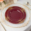 10-Pack Plastic 8" Round Dessert Plates in Burgundy with Gold Leaf Embossed Rim for Gatherings & Events