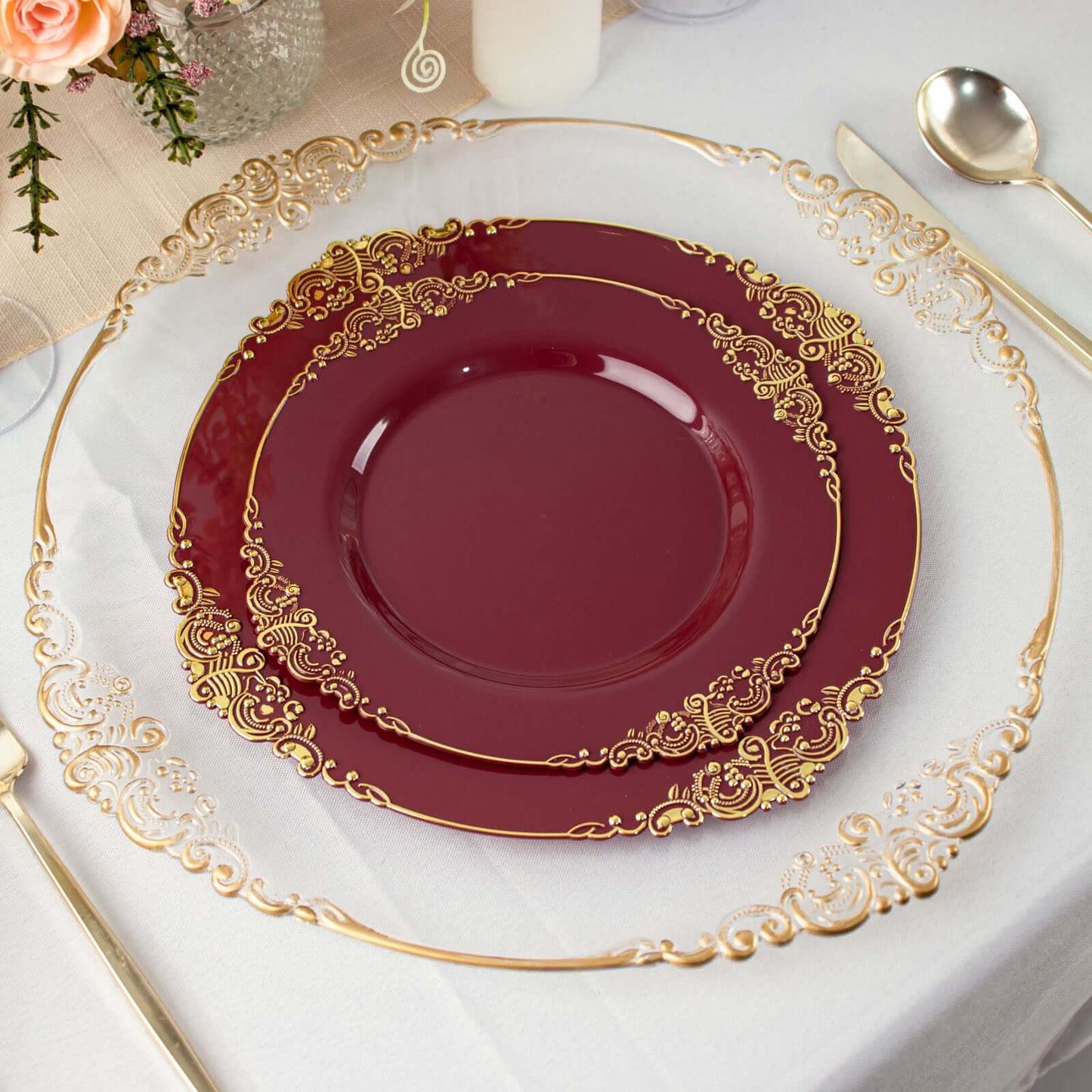 10-Pack Plastic 8" Round Dessert Plates in Burgundy with Gold Leaf Embossed Rim for Gatherings & Events