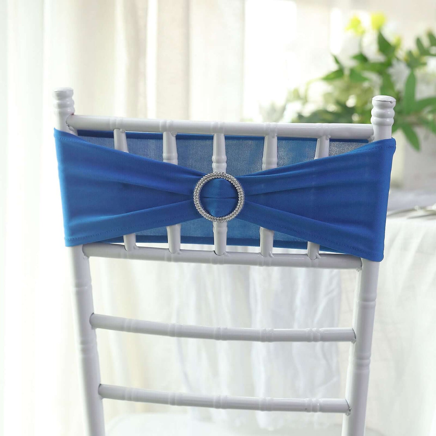 5 Pack Stretch Spandex Chair Sashes Royal Blue - Reusable Chair Bands with Silver Diamond Ring Slide Buckle 5"x14"