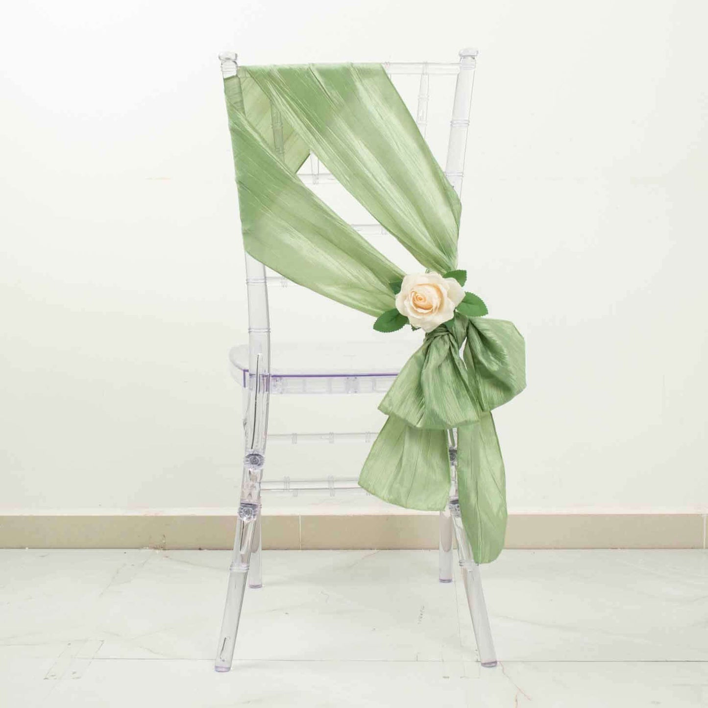 5 Pack Taffeta 6"x106" Chair Sashes Sage Green Accordion Crinkle Texture - Stylish Decor for Weddings & Gatherings
