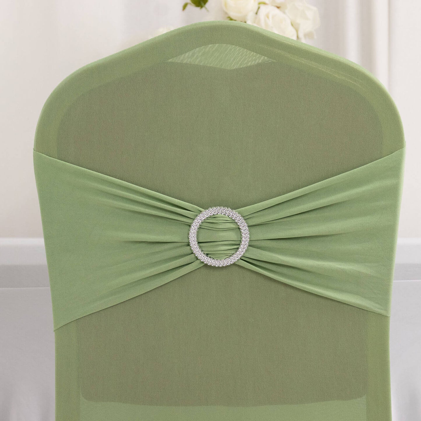 Spandex Chair Cover with Silver Rhinestone Buckled Sash Band Sage Green - Stretch Fitted Slipcover