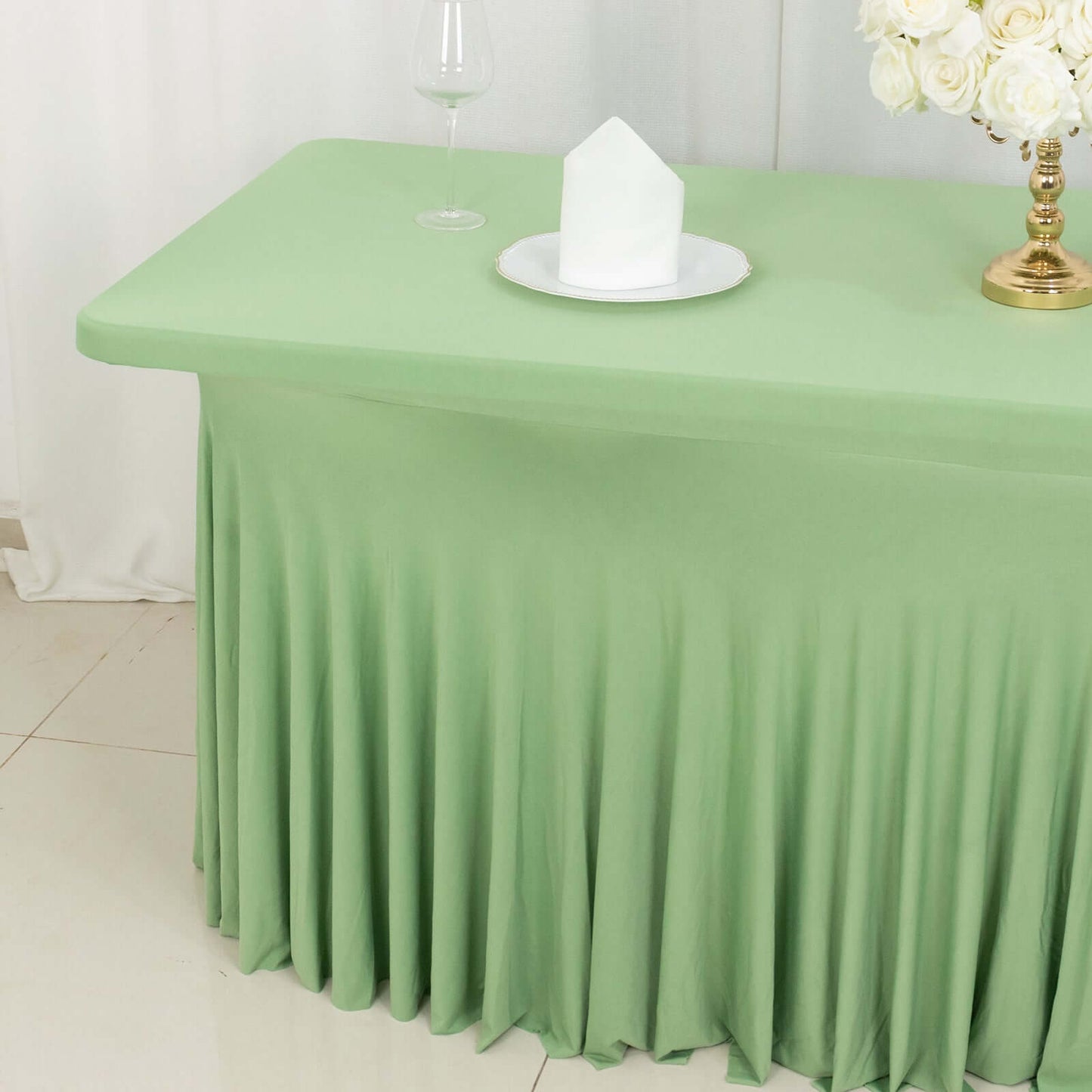 Spandex Rectangle 72"x30" Table Skirt Sage Green with Wavy Skirt-Like Effect Table Cover