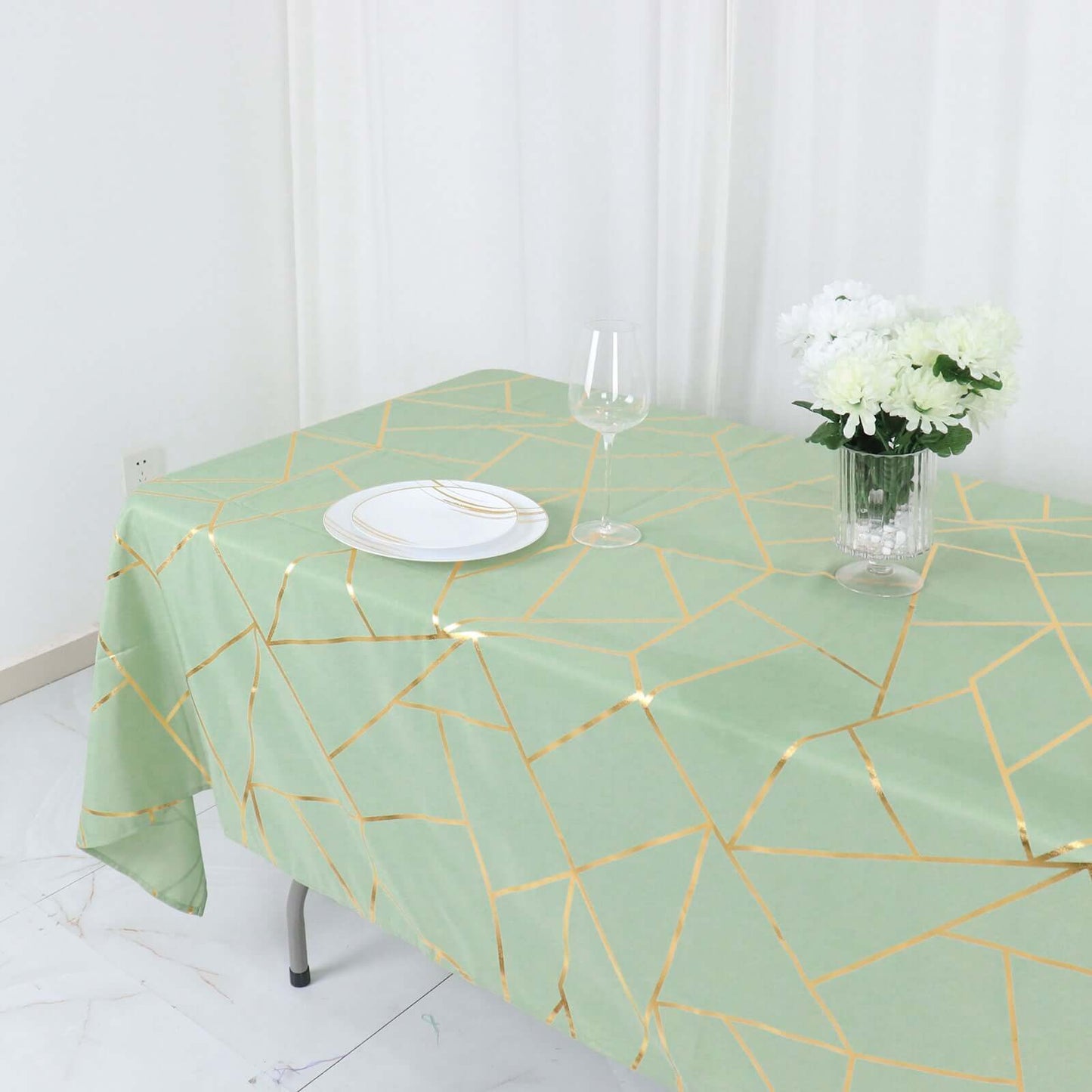 Polyester 60"x102" Rectangle Tablecloth Sage Green with Gold Foil Geometric Pattern - Wrinkle-Resistant & Durable Table Cover