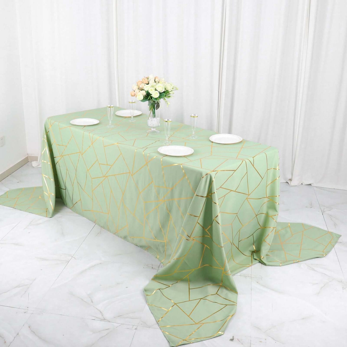 Polyester 90"x156" Rectangle Tablecloth Sage Green Seamless with Gold Foil Geometric Pattern - Wrinkle-Resistant Seamless Table Cover for Sophisticated Events