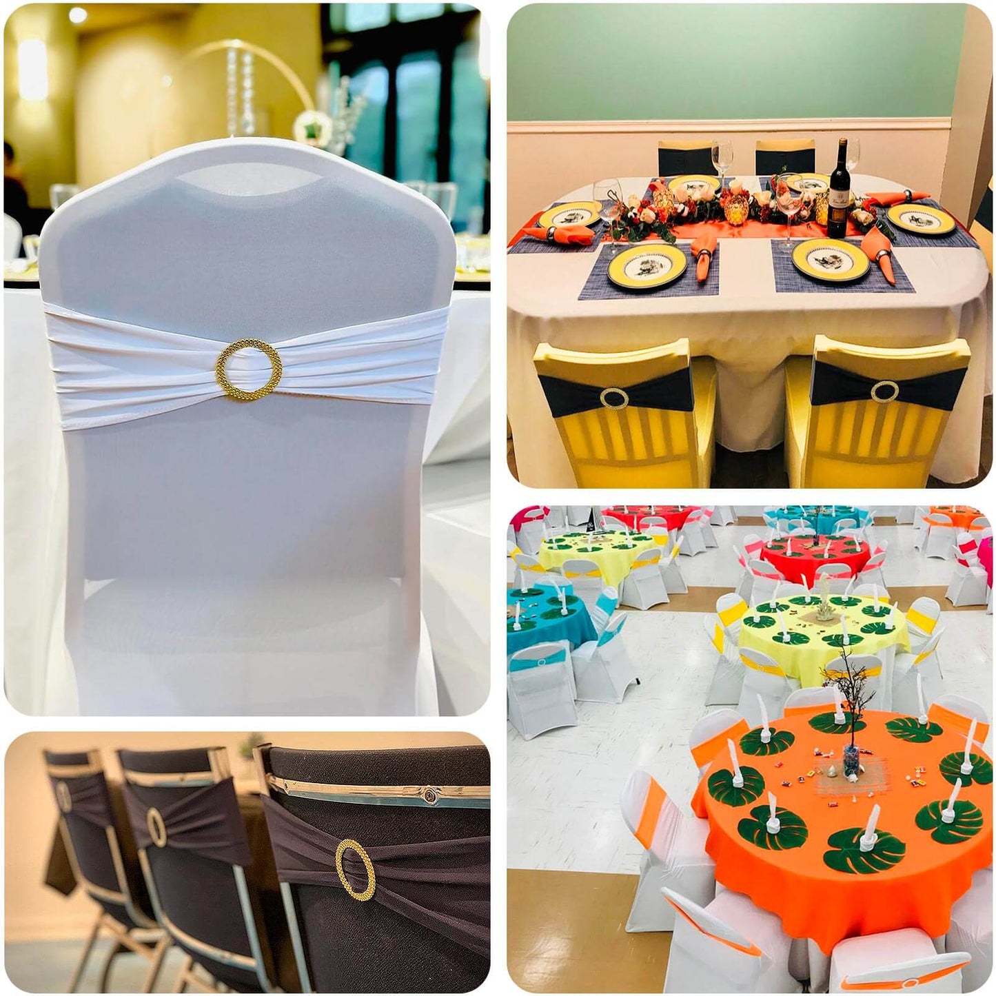 5 Pack Spandex Chair Sashes Dusty Blue with Gold Rhinestone Buckles - Reusable Four-Way Stretch Sash Bands 5"x14"