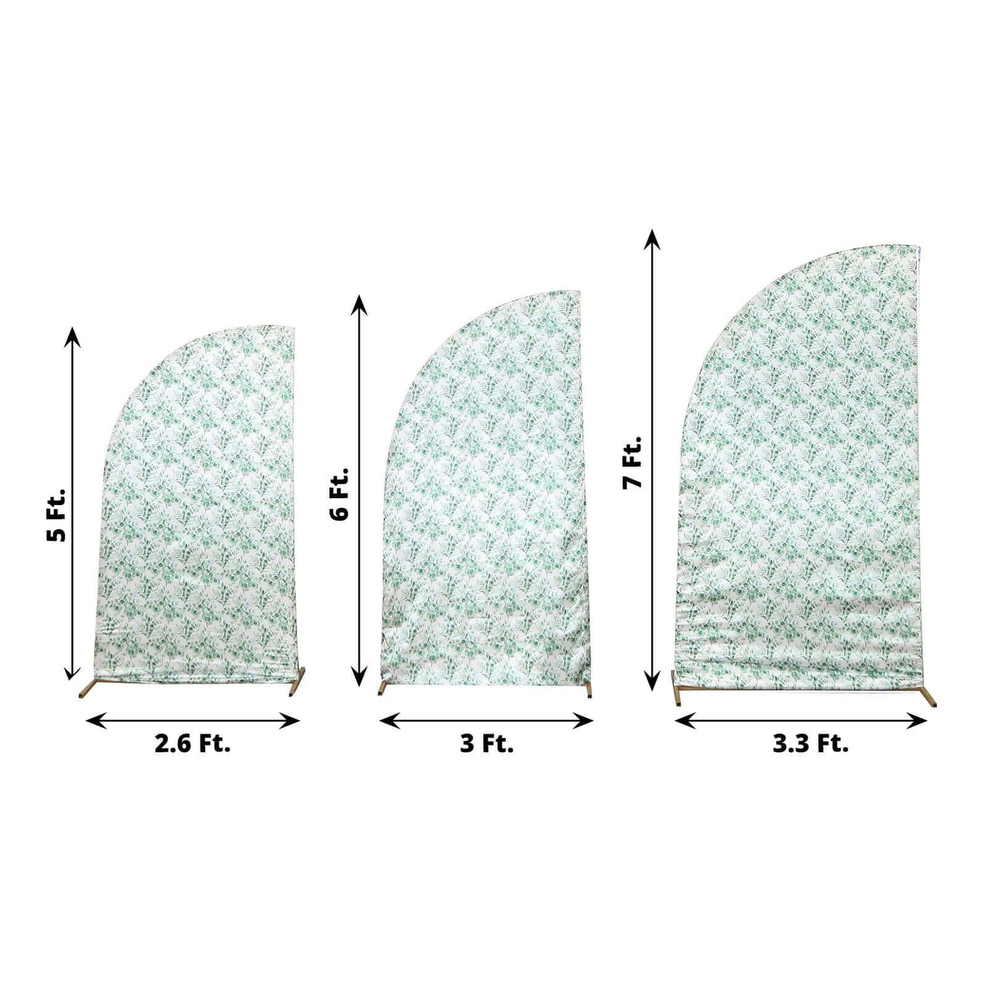 Set of 3 White Green Satin Chiara Wedding Arch Covers With Eucalyptus Leaves Print, Fitted Covers For Half Moon Backdrop Stands - 5ft, 6ft, 7ft