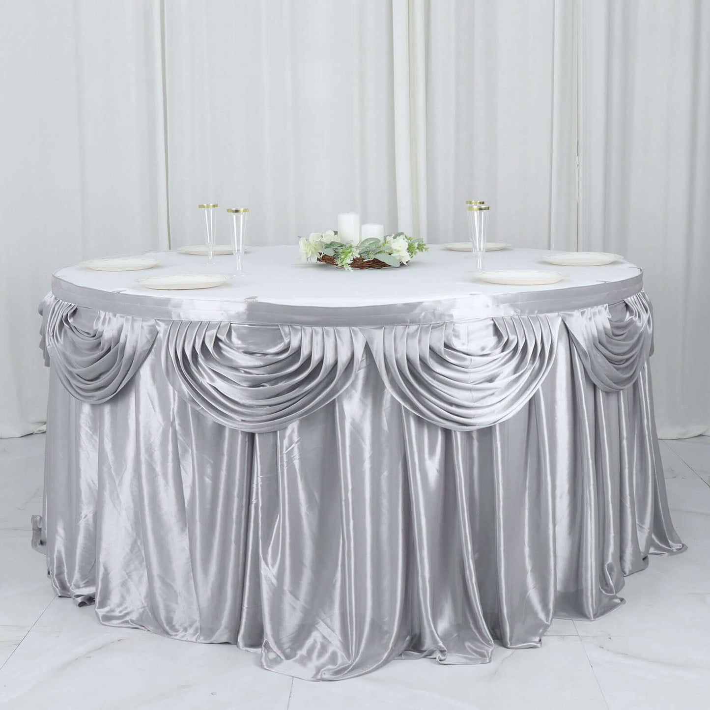 Satin 14ft Table Skirt Silver - Pleated Double Drape Table Cover
