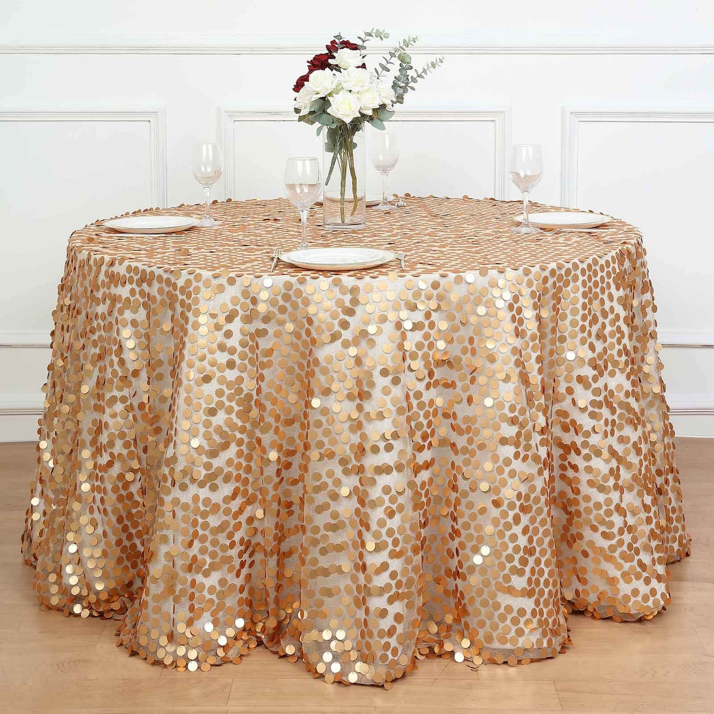 Sequin 120" Round Tablecloth Matte Champagne - Seamless Big Payette Table Cover
