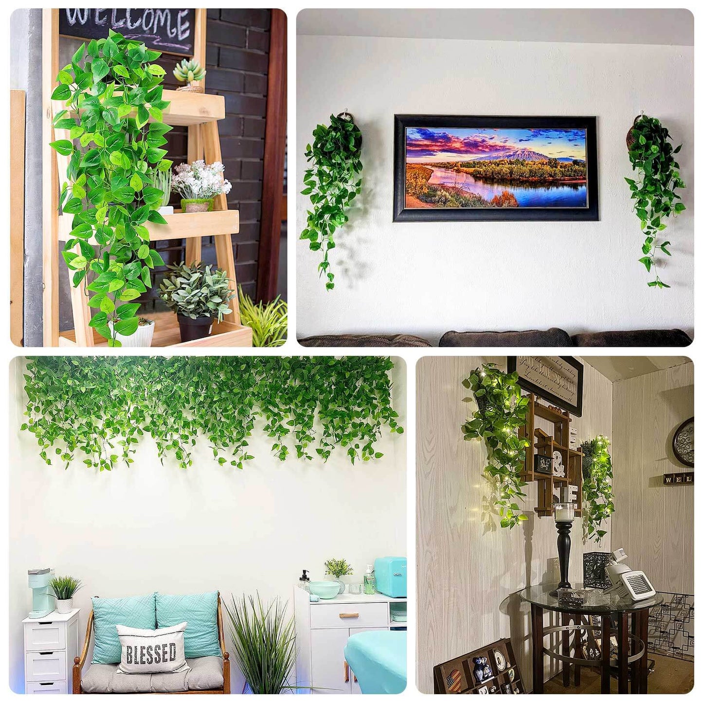 3 Pack Green Pothos Artificial Ivy Vine Hanging Plants, Fake Foliage Silk Leaves Garland - 3ft