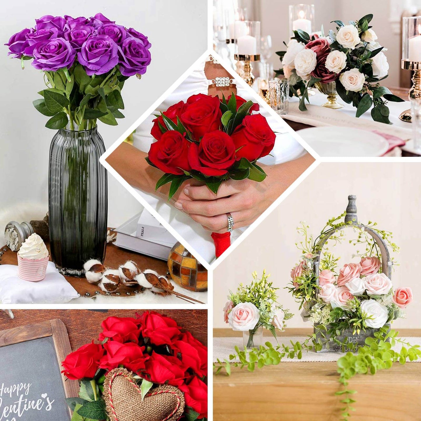 2 Bushes 18" Real Touch White Artificial Rose Flower Bouquet, Silk Long Stem Flower Arrangements