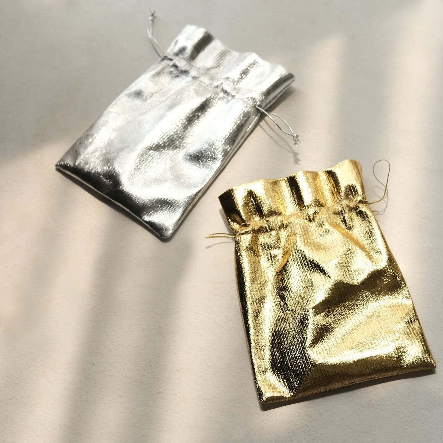 10 Pack Metallic Silver Lame Polyester 5"x7" Party Favor Gift Bags, Shiny Fabric Drawstring Candy Pouch