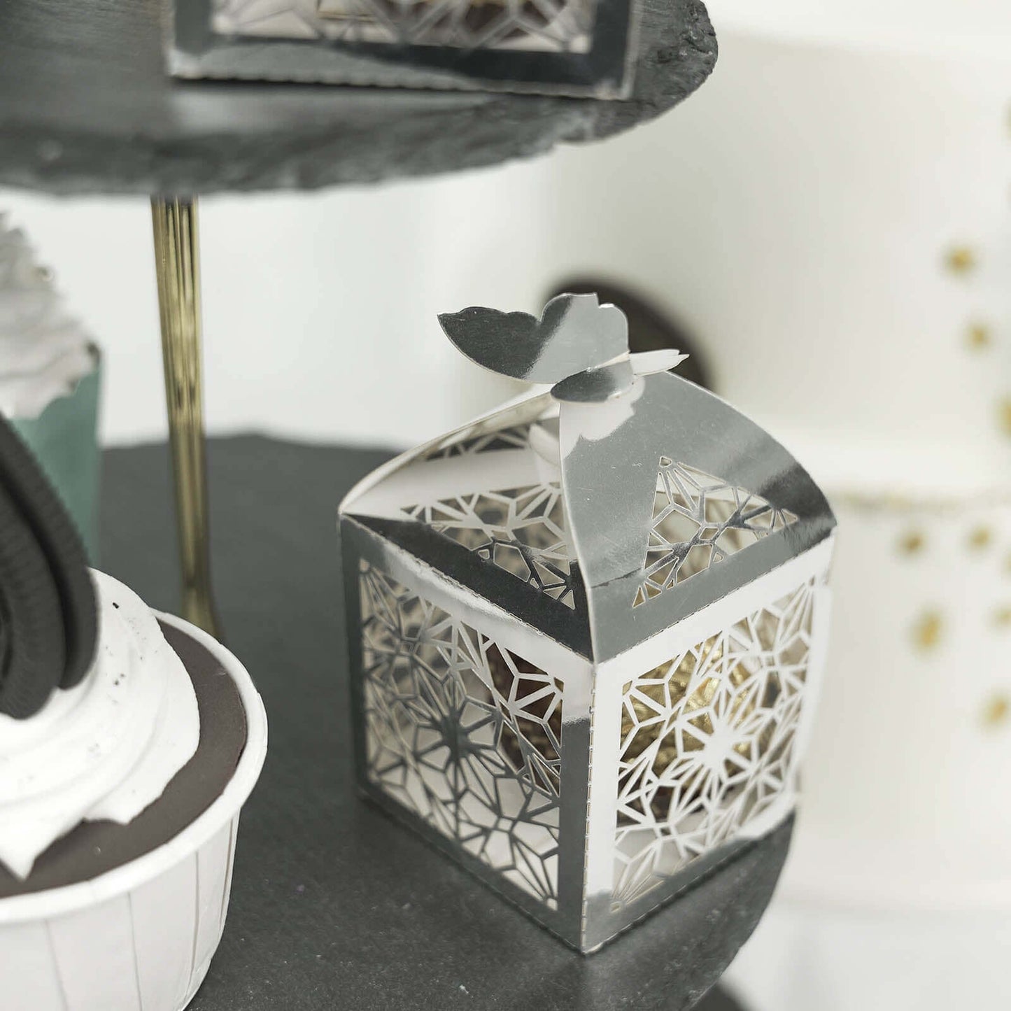 25 Pack Silver Butterfly Top Laser Cut Lace Favor Candy Gift Boxes